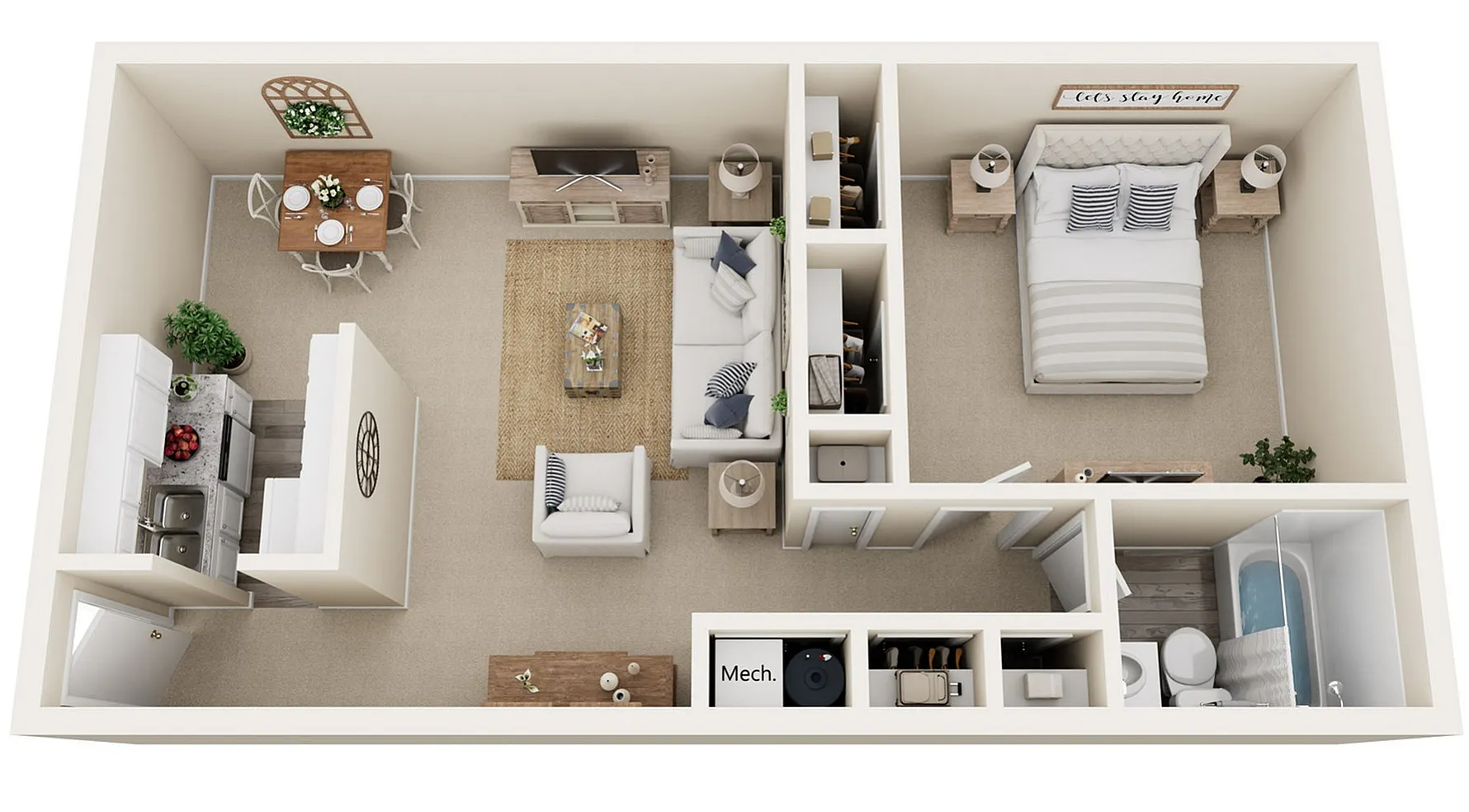 Charming one bedroom apartment with spacious living room, cozy bedroom, galley kitchen, and dining area.