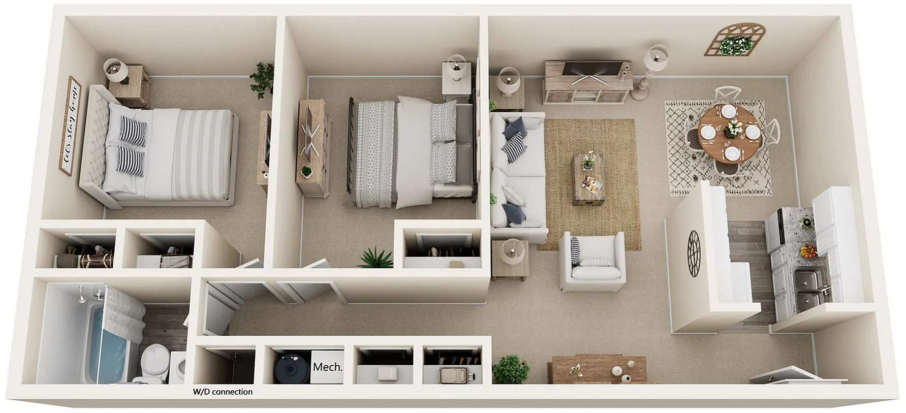 Two bedroom floor plan with galley kitchen, inviting living area, and dining space, ideal for comfortable living.