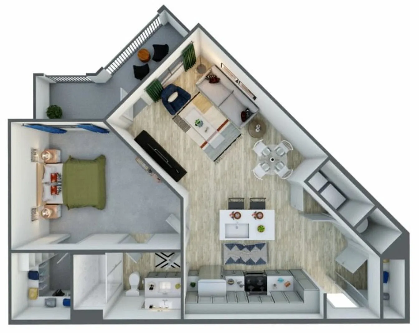 Modern apartment floor plan showcasing one spacious bedroom, a cozy living area with balcony access, a sleek kitchen with island, and a stylish dining space.