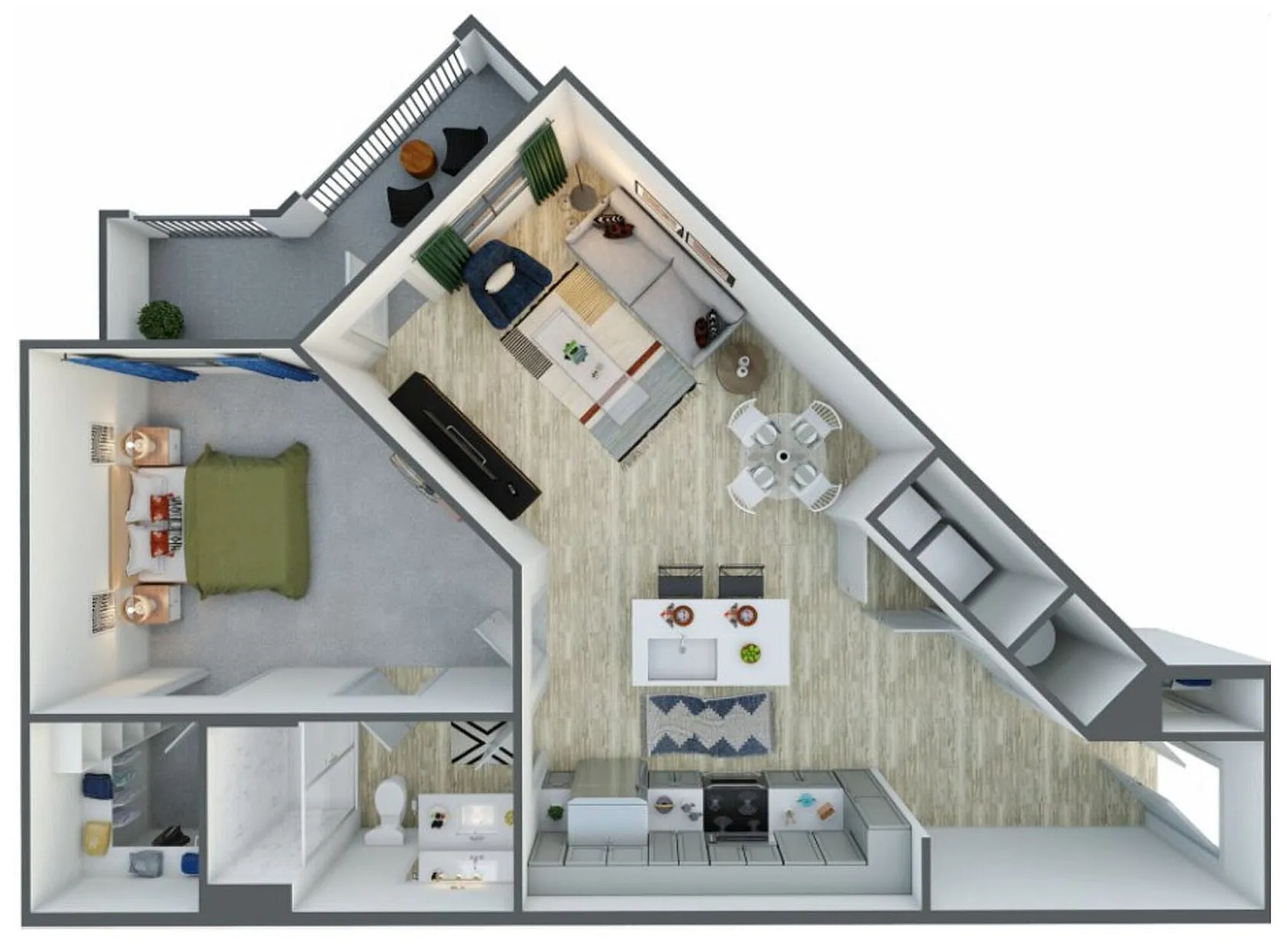 Contemporary floor plan showcasing 1 bedroom, vibrant living area, and modern kitchen with breakfast bar and cozy balcony.