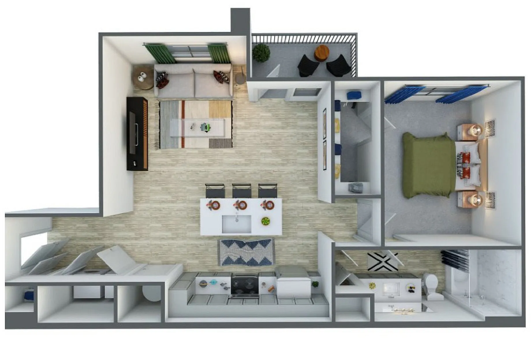 Modern 3D floor plan showcasing a cozy one-bedroom apartment with an open living area, stylish kitchen, and private balcony.