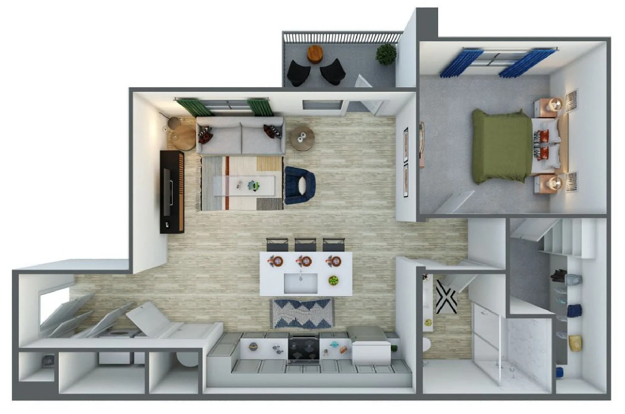 Modern 3D floor plan showcasing a cozy one-bedroom apartment with an open-concept living area, stylish kitchen island with seating, and balcony access.
