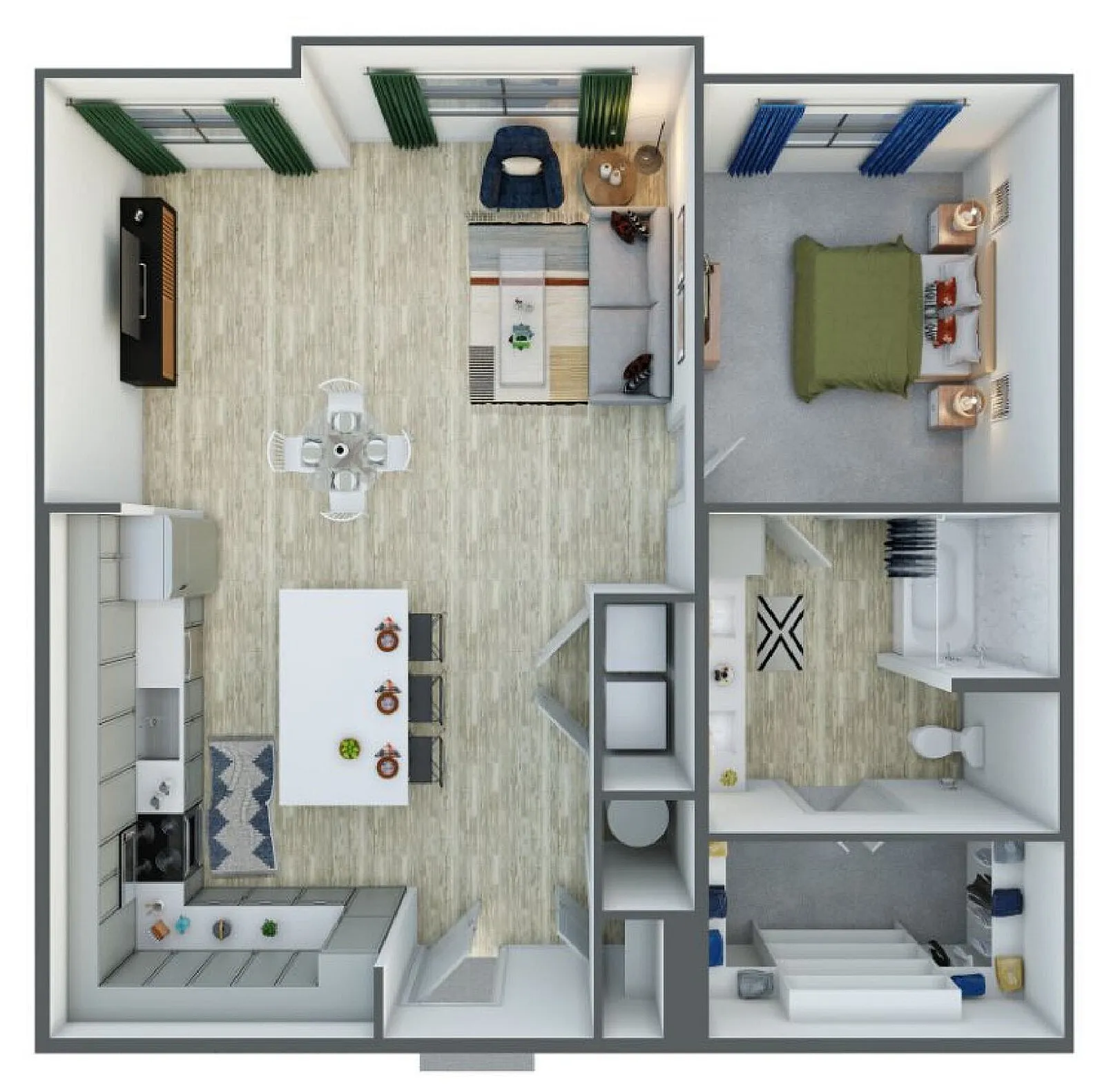 Modern 3D floor plan showcasing a stylish one-bedroom apartment with open-concept living and dining area, contemporary kitchen, cozy bathroom, and spacious bedroom. Ideal for urban living.