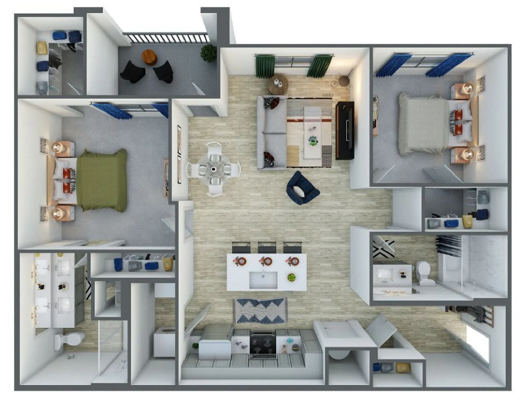 Modern 3D floor plan showcasing 2 bedrooms, stylish open-concept living area, spacious kitchen with breakfast bar, and elegant bathrooms.