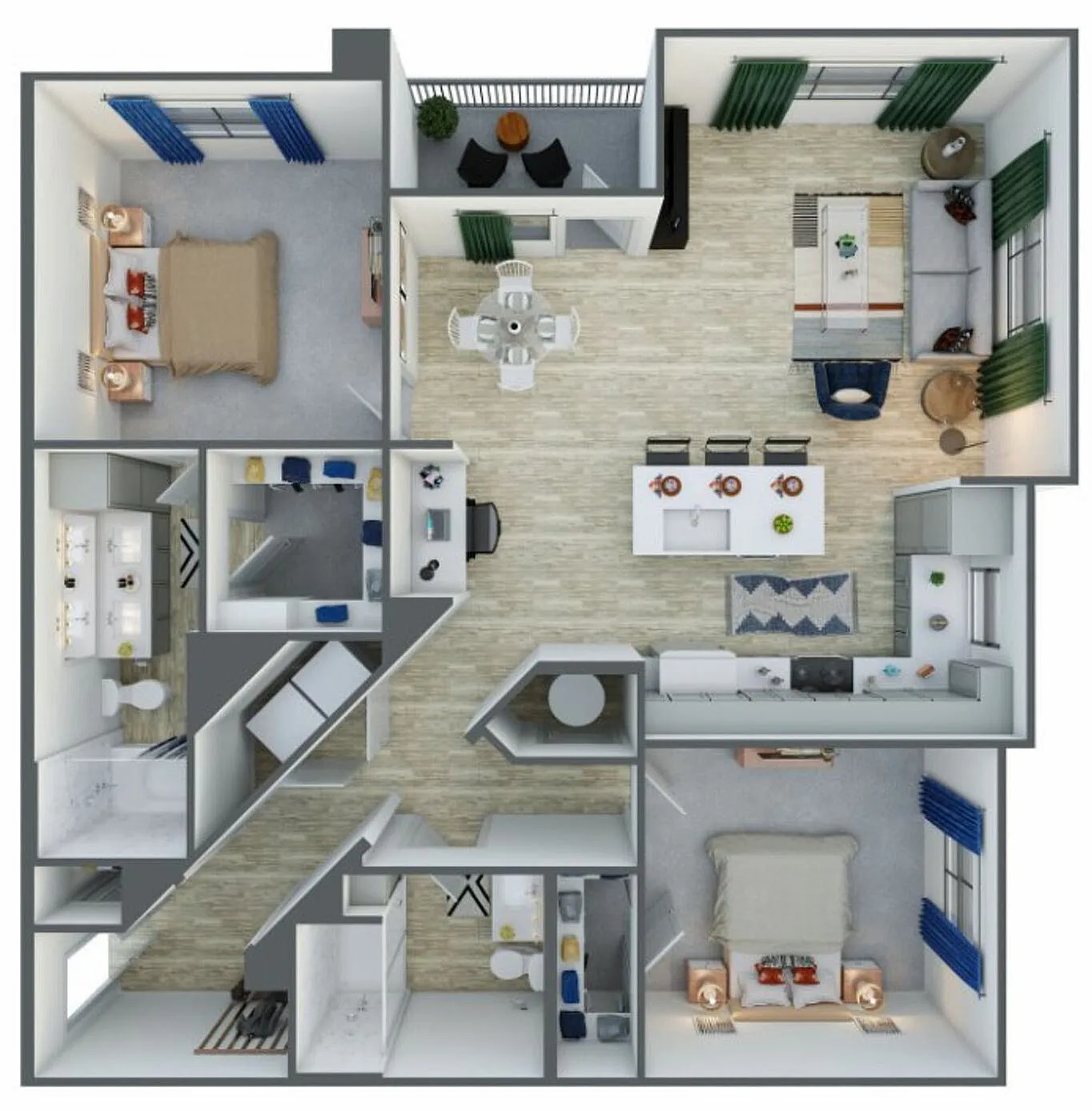 Modern and spacious 3D floor plan featuring 2 bedrooms, a stylish open-concept living and dining area, sleek kitchen with island, and two well-appointed bathrooms.