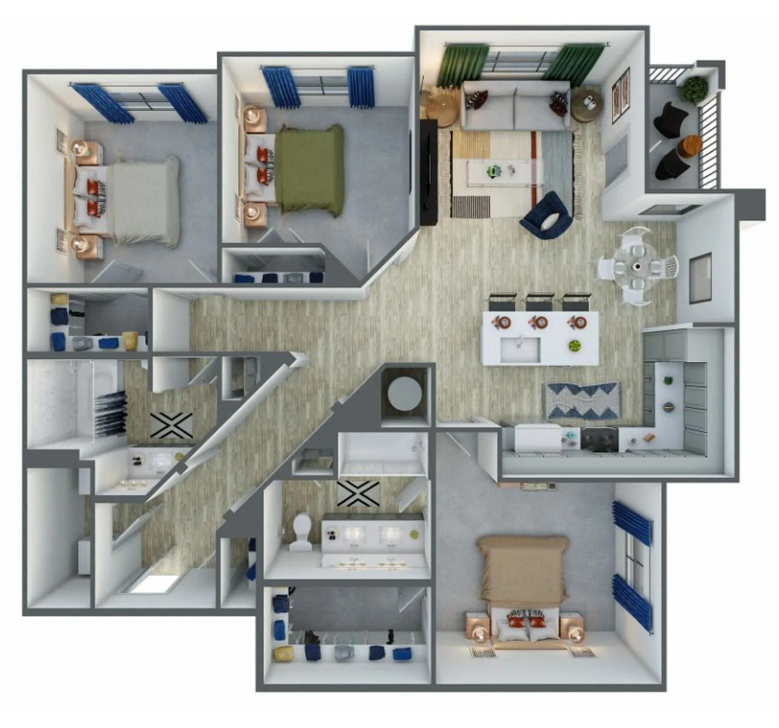 Inviting floor plan showcasing 3 bedrooms, modern open-concept living area, and sleek kitchen with dining space and balcony access.