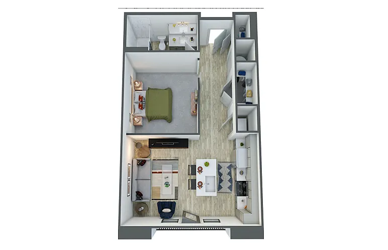 Modern 3D floor plan featuring a cozy bedroom, chic open-plan living and dining area, and a sleek kitchen layout.
