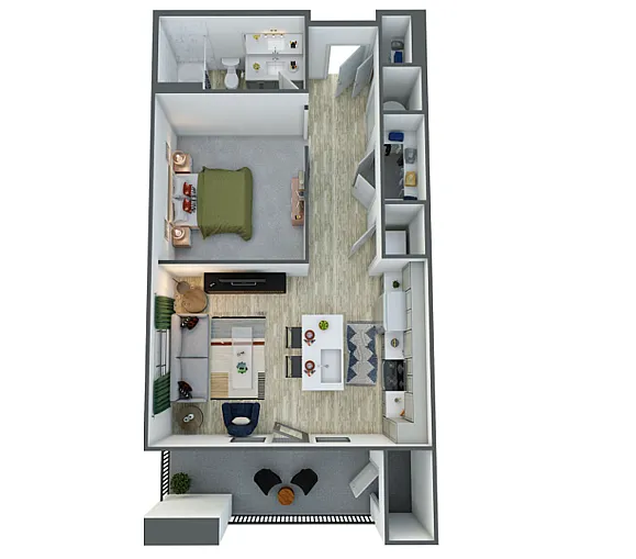 Modern 3D floor plan featuring a cozy one-bedroom layout, open-concept living and dining area, sleek kitchen, stylish bathroom, and inviting patio space.
