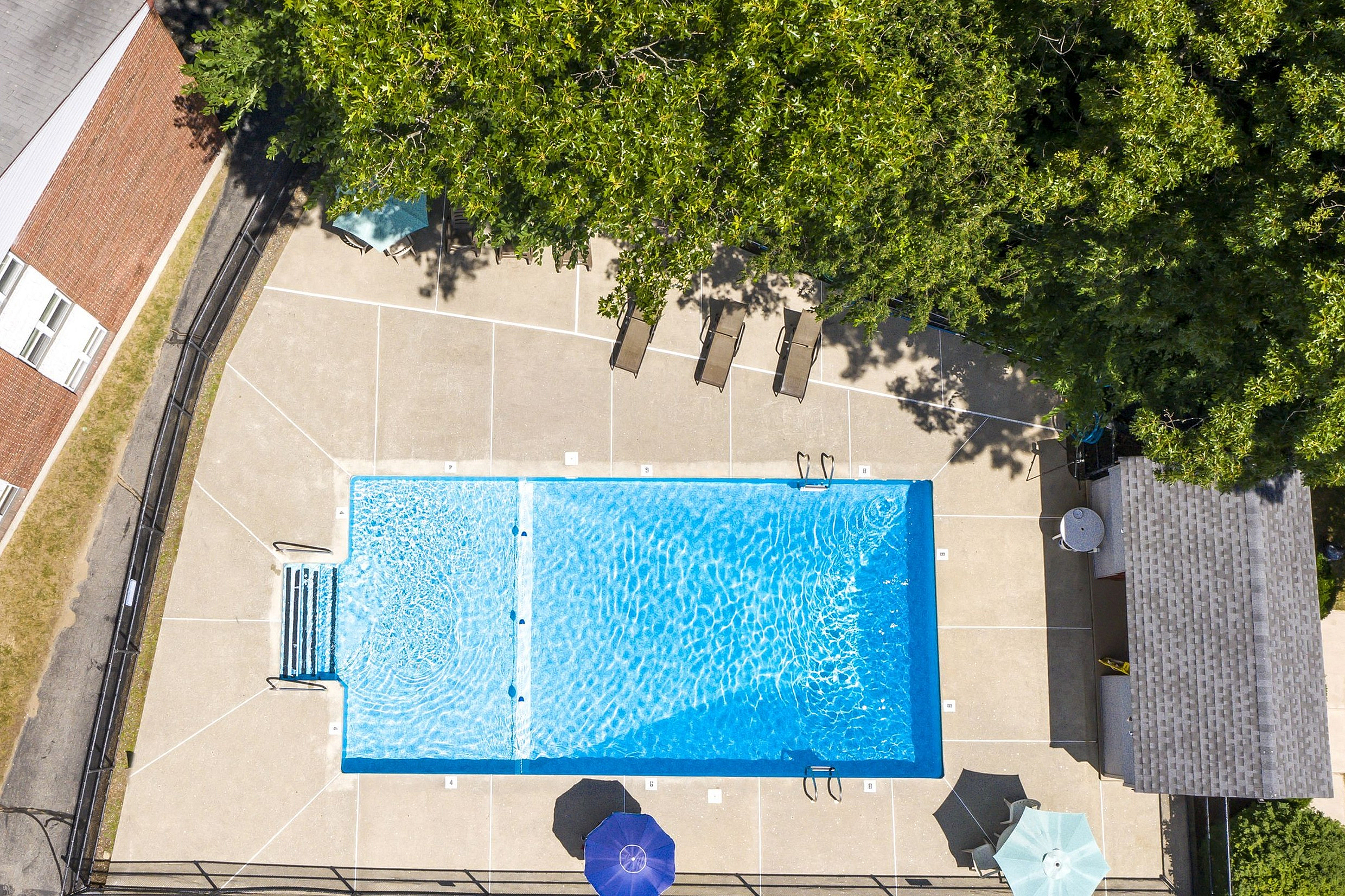 Inviting aerial view of a sparkling blue swimming pool surrounded by lounge chairs, umbrellas, and lush greenery, perfect for relaxation and leisure.