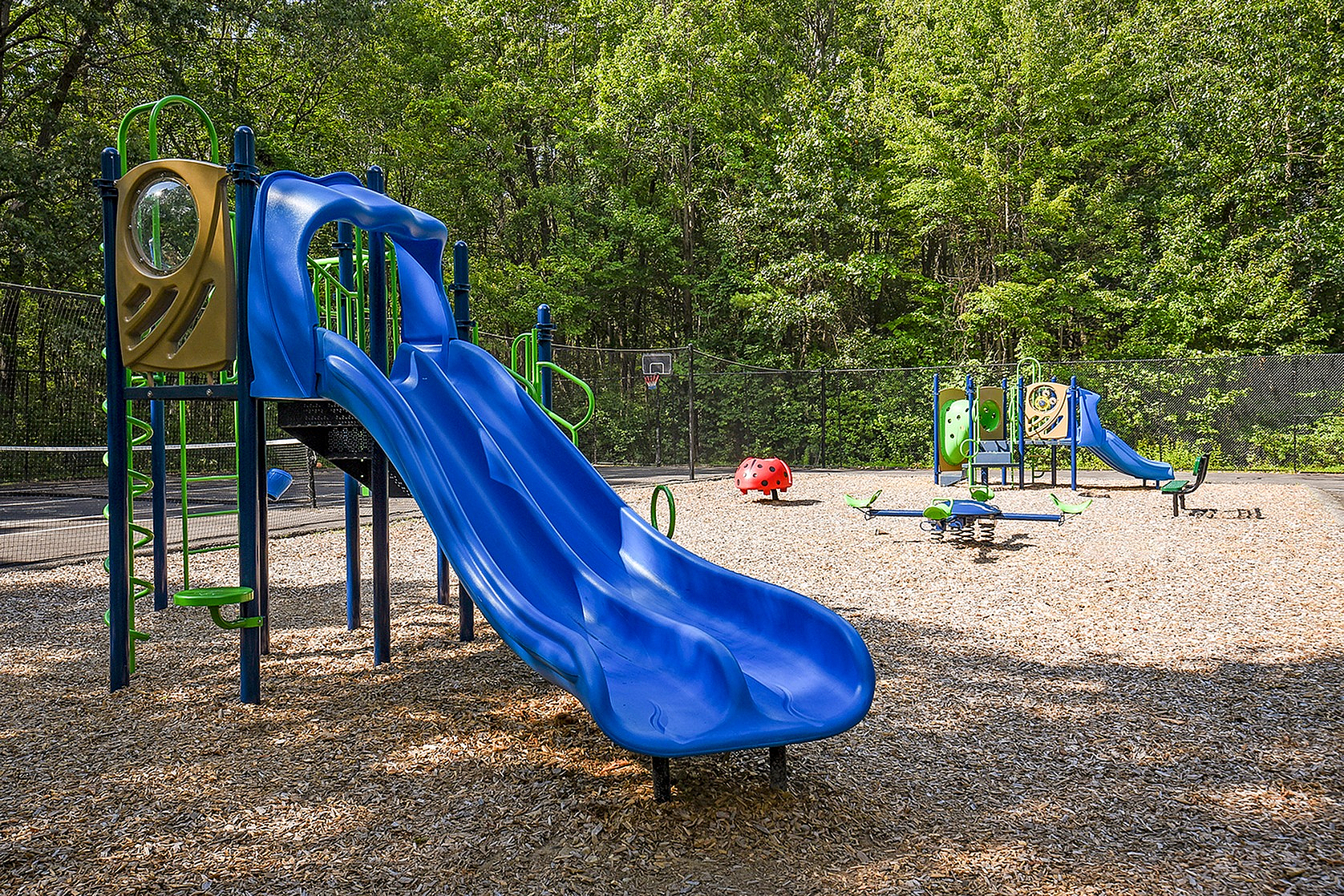 Inviting outdoor playground with vibrant blue slides, set against a lush green forest backdrop, offering a fun and safe space for children.