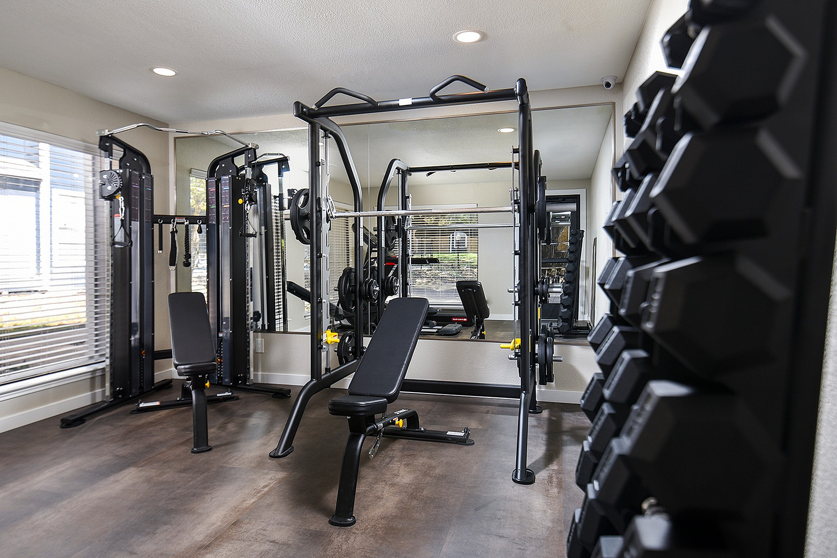 Modern apartment gym with state-of-the-art weight and resistance training equipment, featuring sleek flooring and ample natural light.