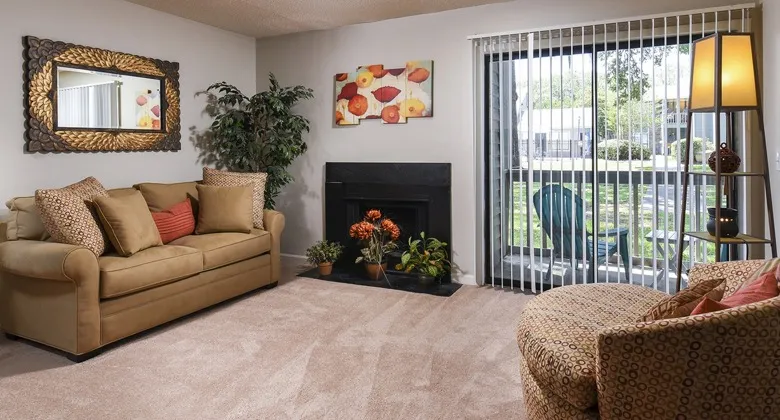 Living area | fireplace | Sliding glass doors to patio