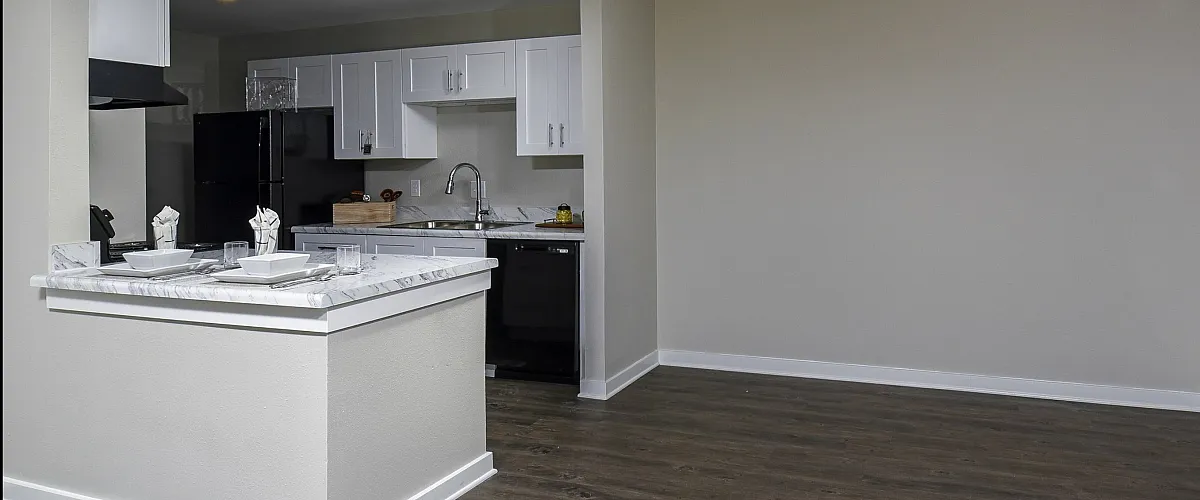 Kitchen and dining area | White cabinets | Black appliances