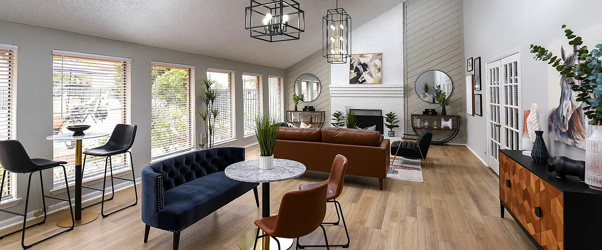 Leasing office | Fireplace | Vaulted ceiling