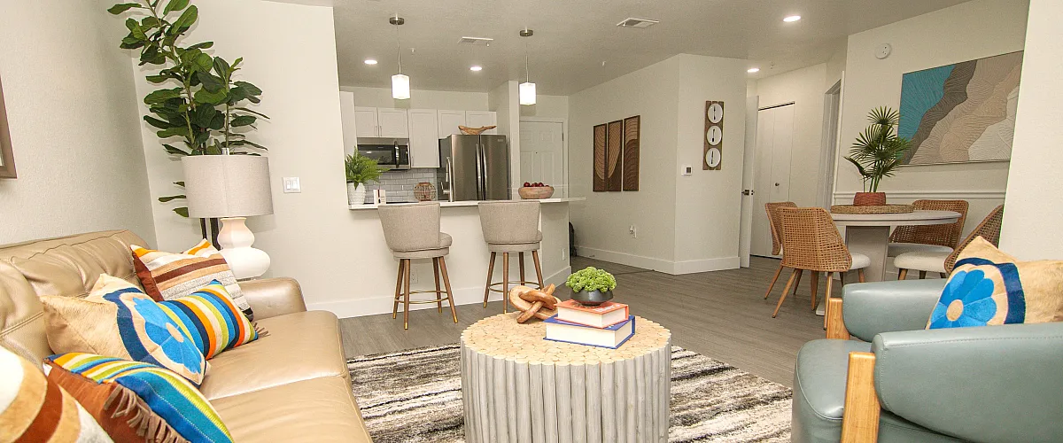 Modern open-concept living room with cozy seating, vibrant cushions, stylish decor, and a sleek kitchen backdrop, exuding comfort and contemporary elegance.