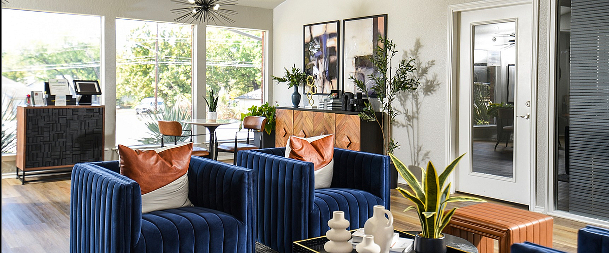Chic living area with modern blue velvet chairs, stylish decor, and natural light creating an inviting ambiance for relaxation and entertaining.