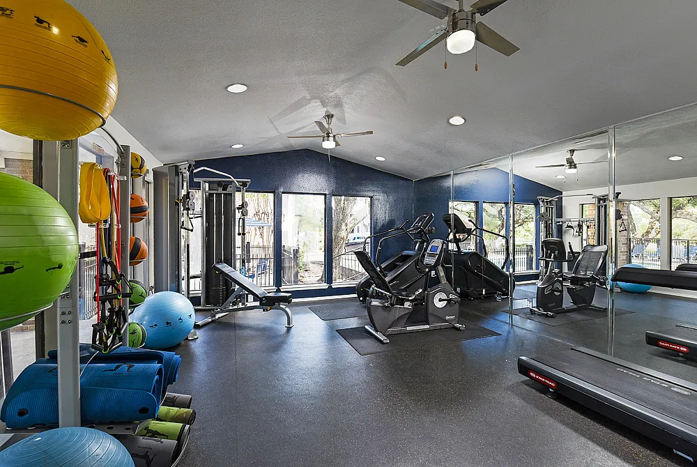Modern and well-equipped gym featuring cardio machines, strength training equipment, and vibrant exercise balls, offering a bright and inviting workout space.