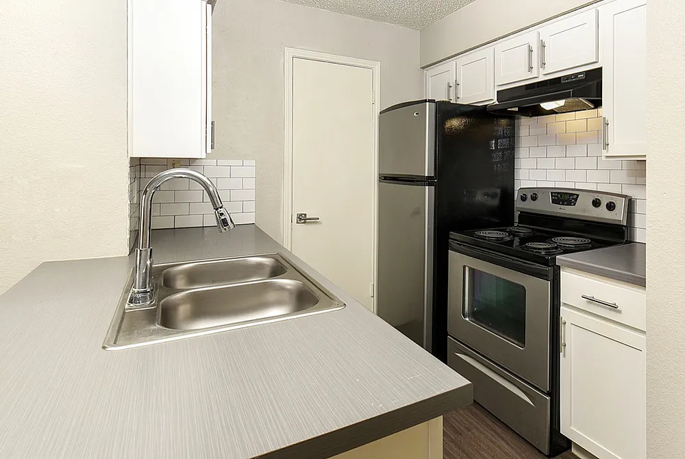 Modern kitchen with sleek countertops, stainless steel appliances, and contemporary cabinetry.