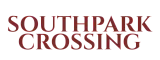 Elegant logo displaying 'Southpark Crossing' in bold burgundy letters against a black background.