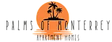 Elegant logo of Palms of Monterrey Apartments featuring tropical palm trees against a vibrant sunset backdrop.