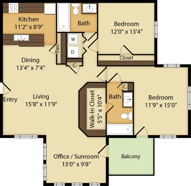 2 Bedroom | 2 Bath | Office/Sunroom | 1211 SF