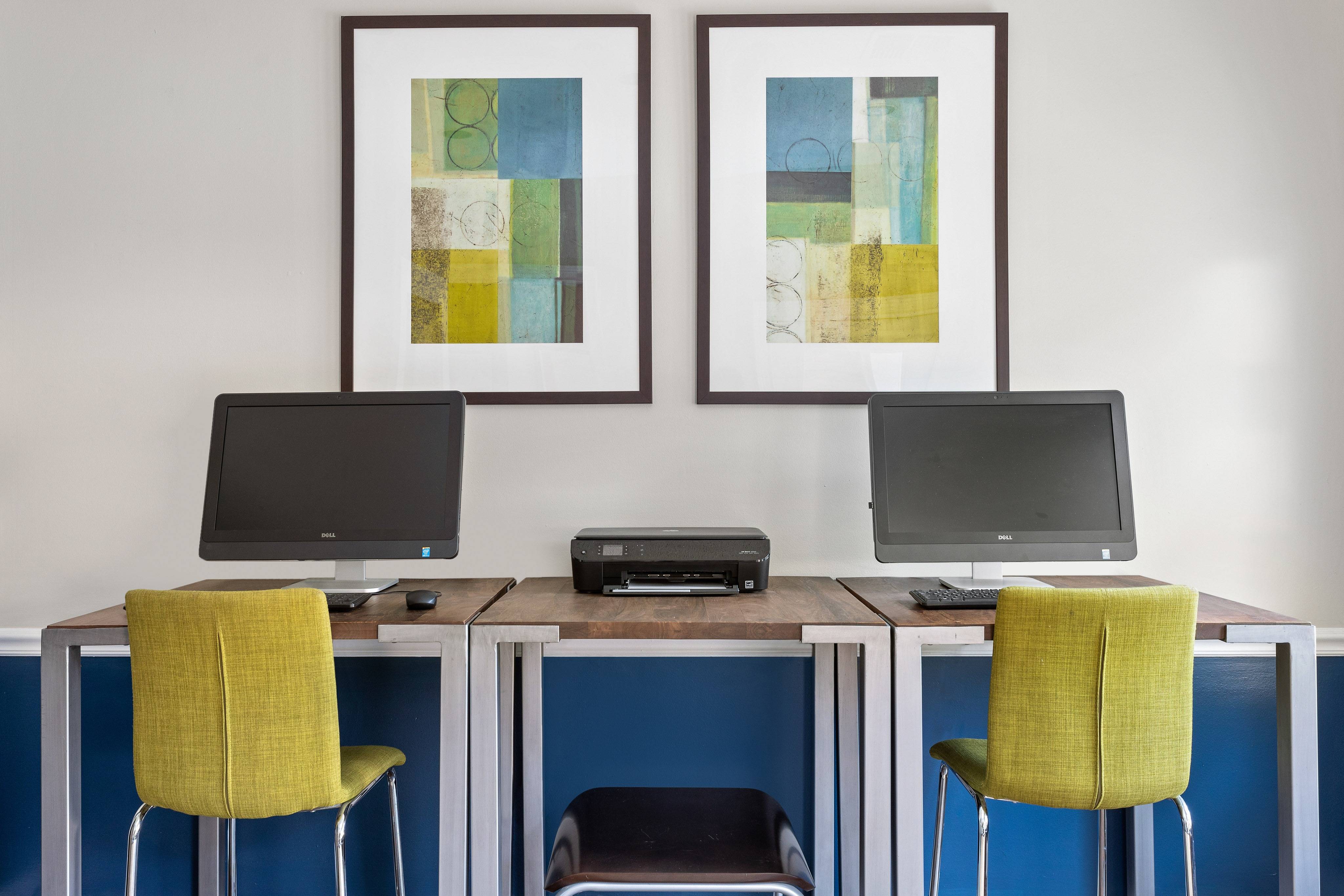 Business Center with Multiple Workstations, Computers, and Printer