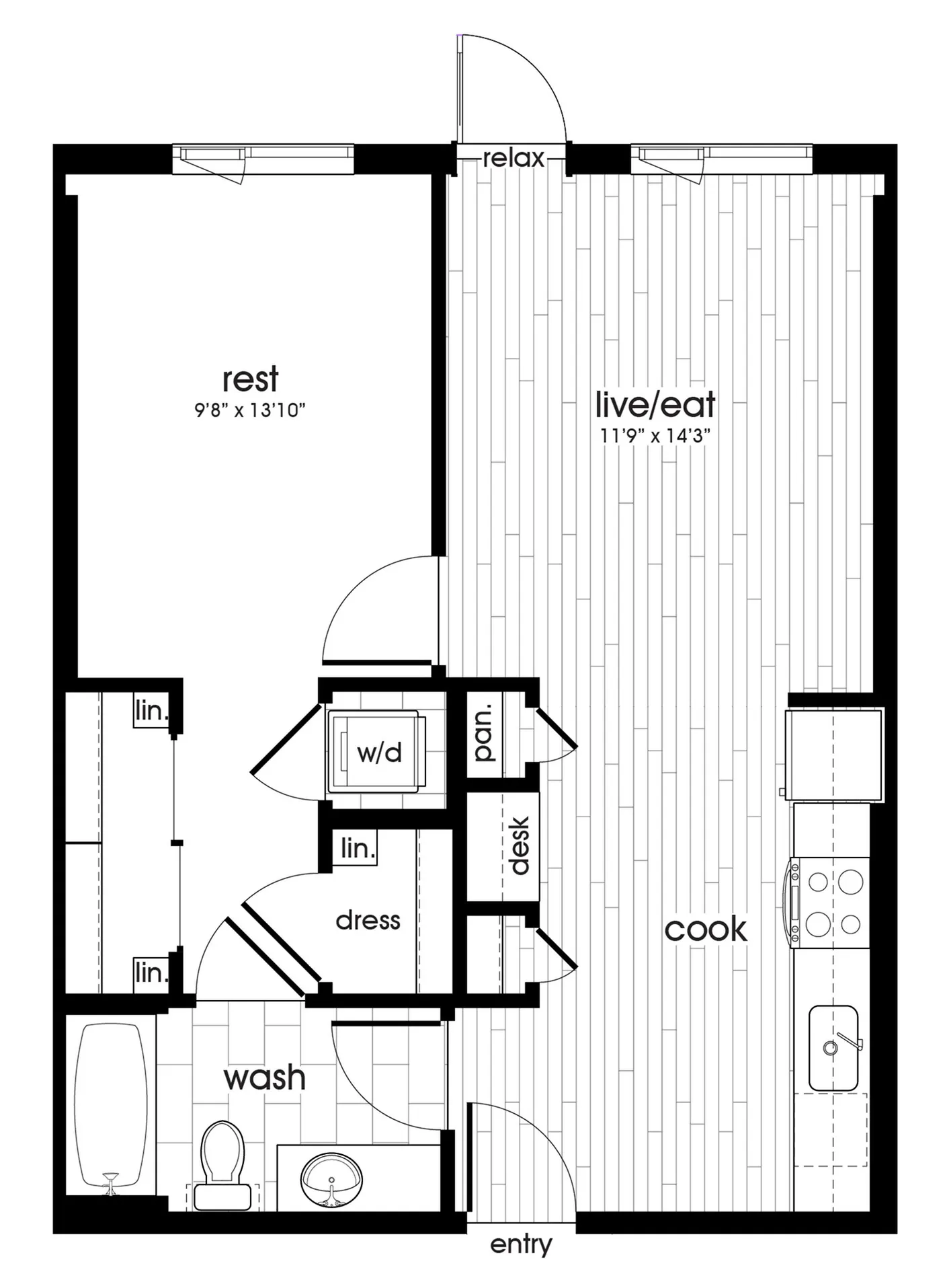 Contemporary one-bedroom apartment floor plan with open living area and efficient layout.