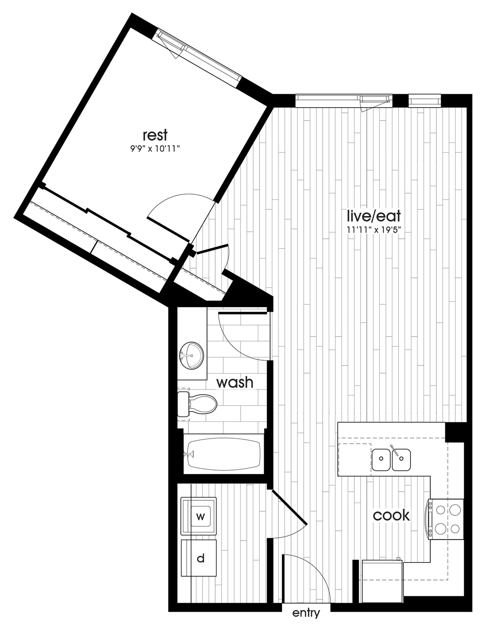 Stylish apartment floor plan with one bedroom, open-concept living and dining area, bathroom, and kitchen space.