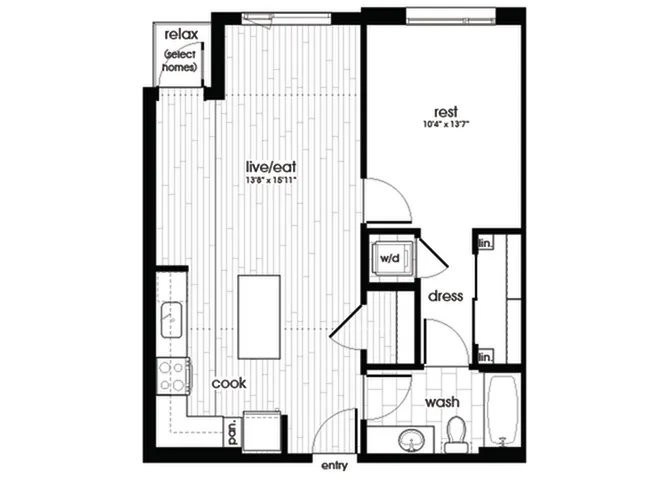 Contemporary floor plan featuring spacious living and dining area, cozy bedroom, modern kitchen, and elegantly designed bathroom.