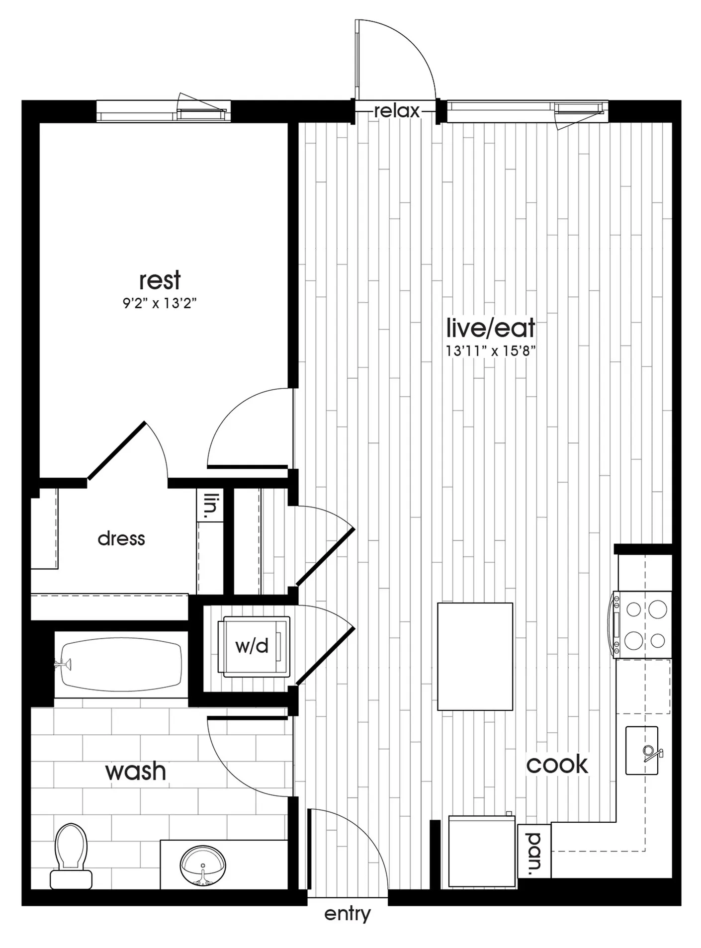 Spacious apartment floor plan with one bedroom, open living and dining area, modern kitchen, and bathroom.