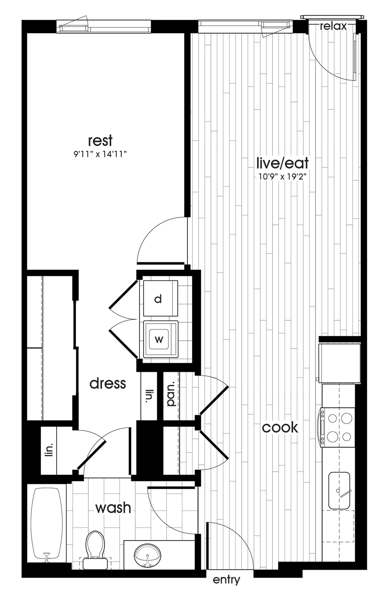 Contemporary apartment floor plan with one bedroom, open living and dining area, kitchen, and bathroom