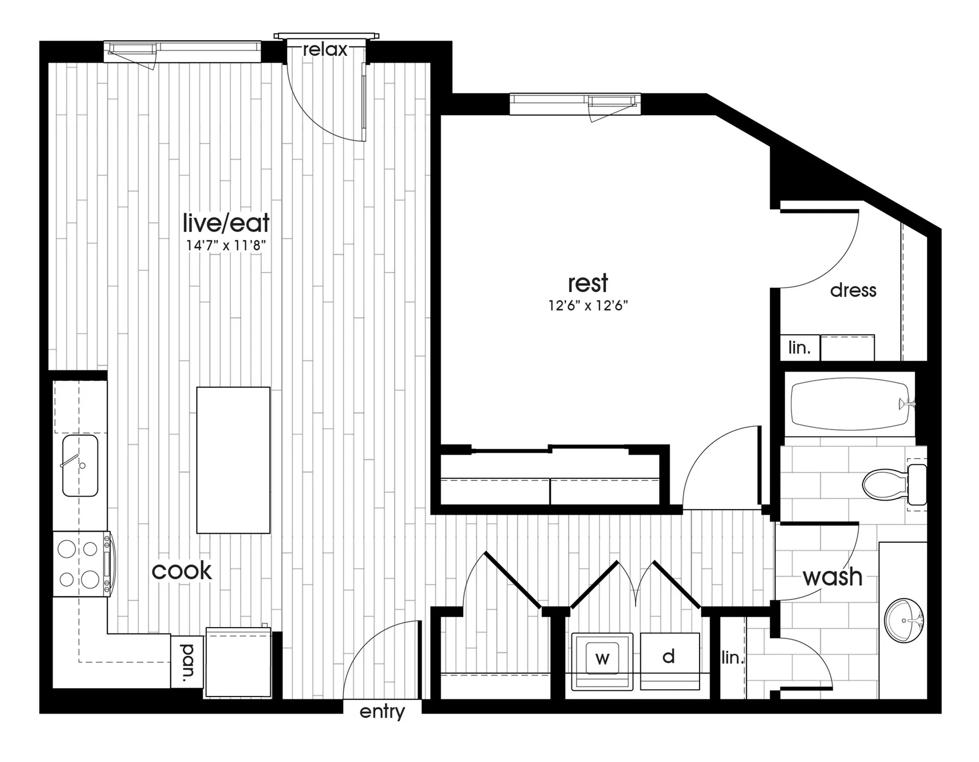 Contemporary open-concept floor plan with kitchen, living area, resting space, and bathroom.