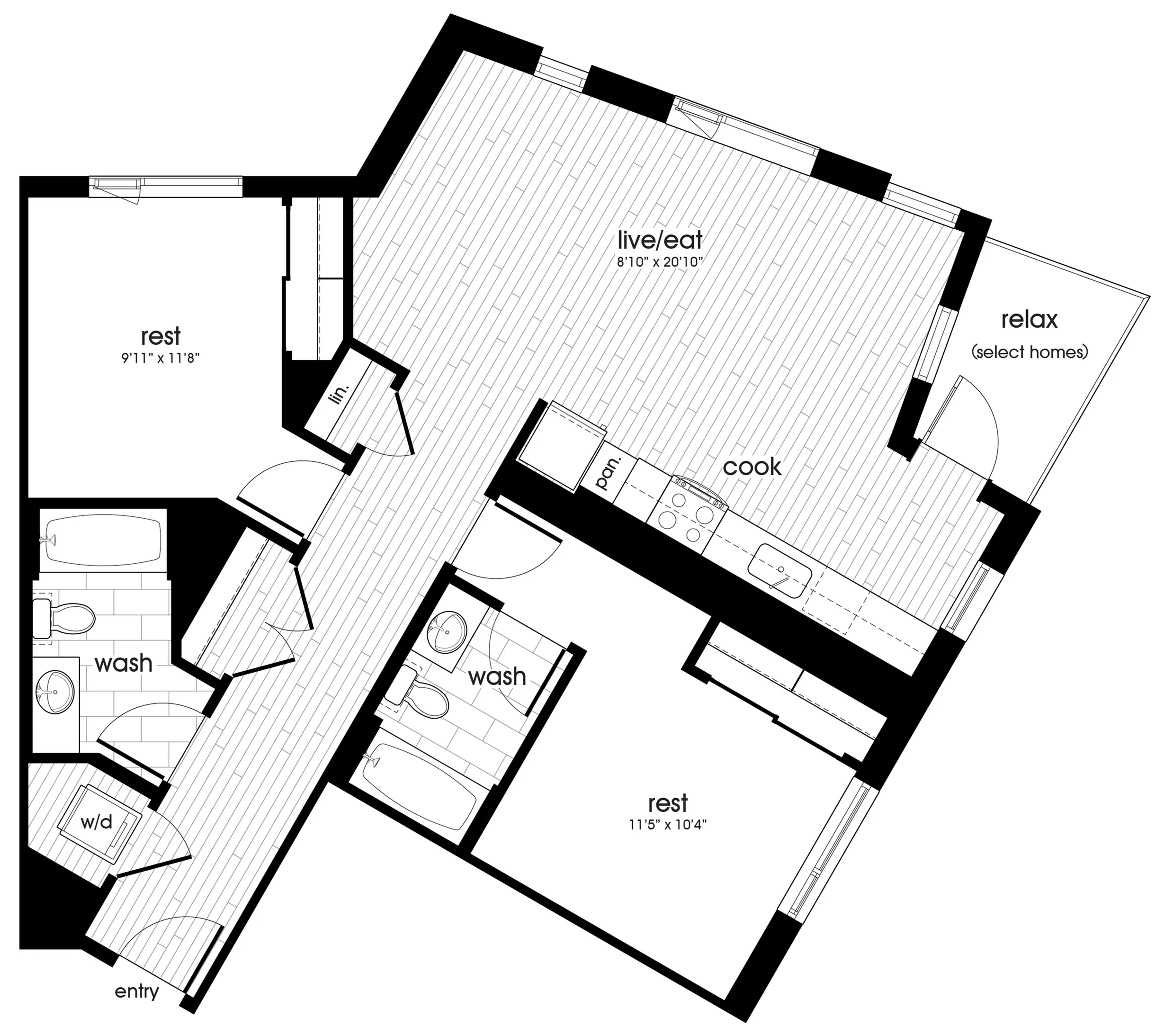 Spacious two-bedroom apartment floor plan with open concept living and dining area, two bathrooms, and a cozy balcony.