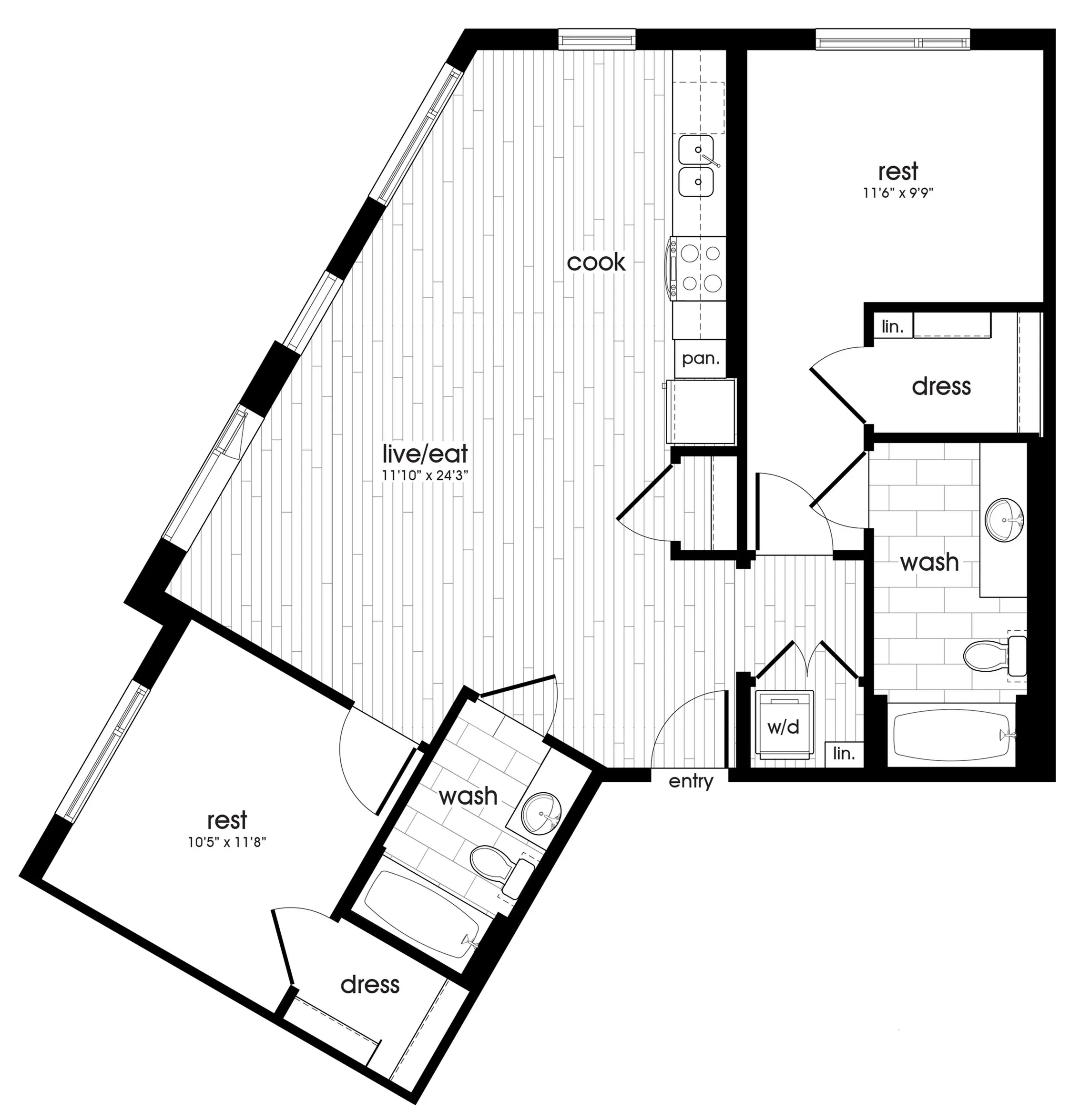 Floor plan of a spacious two-bedroom apartment with open-plan living, dining, and kitchen areas.