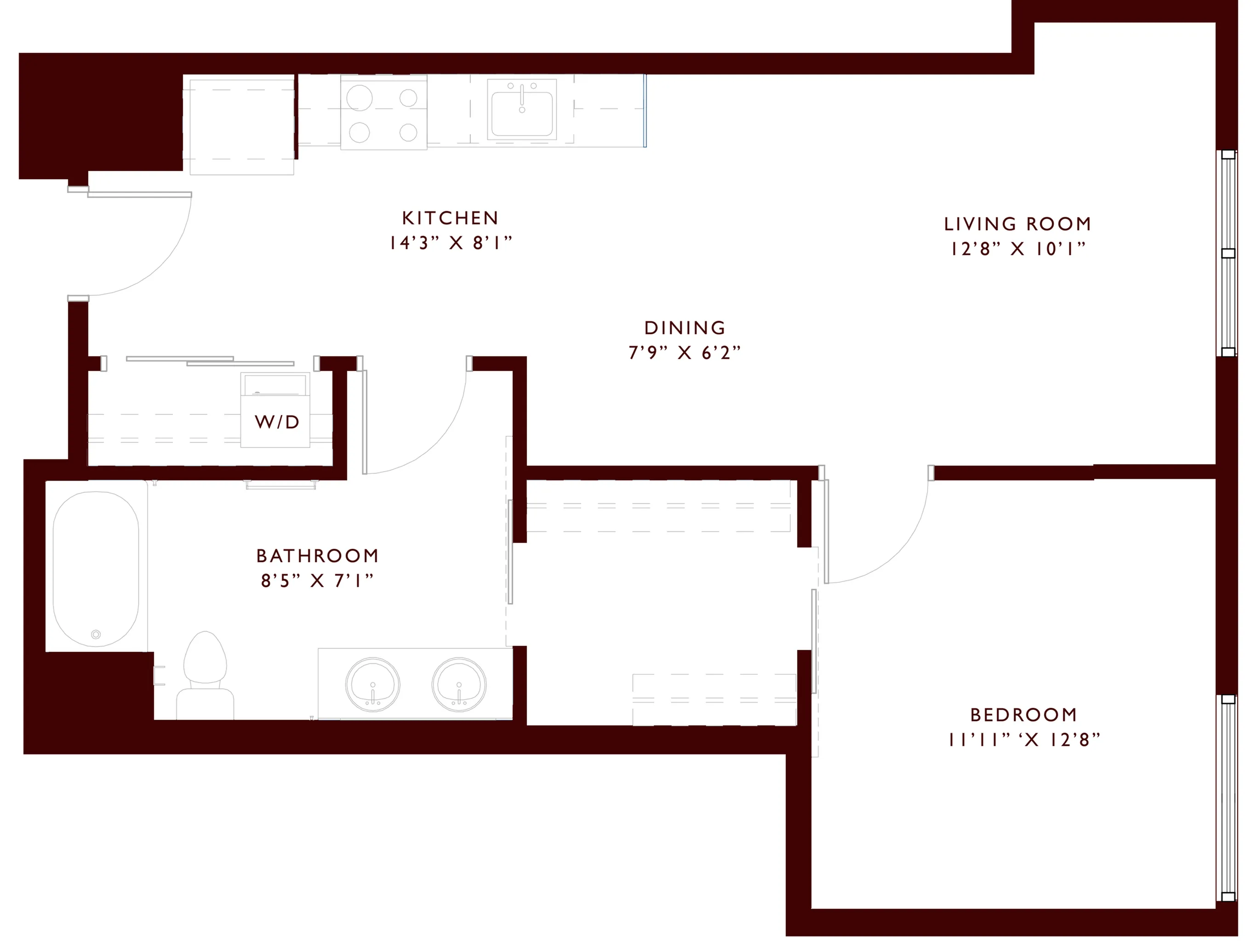 Contemporary apartment floor plan with spacious living room, kitchen, dining area, bedroom, and bathroom.