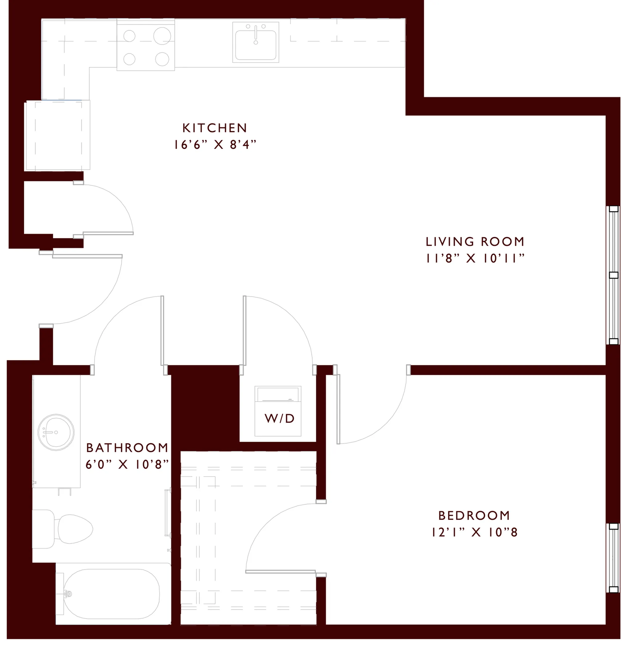 Contemporary floor plan with open kitchen, spacious living room, one bedroom, and bathroom.