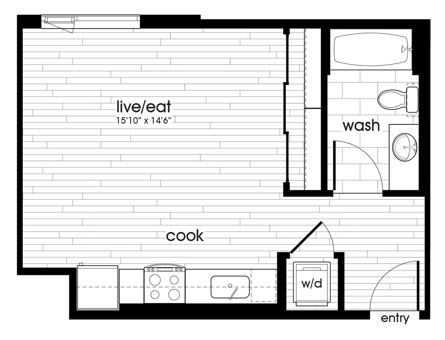 Contemporary studio apartment floor plan with open living and dining area, kitchen, bathroom, and washer/dryer.