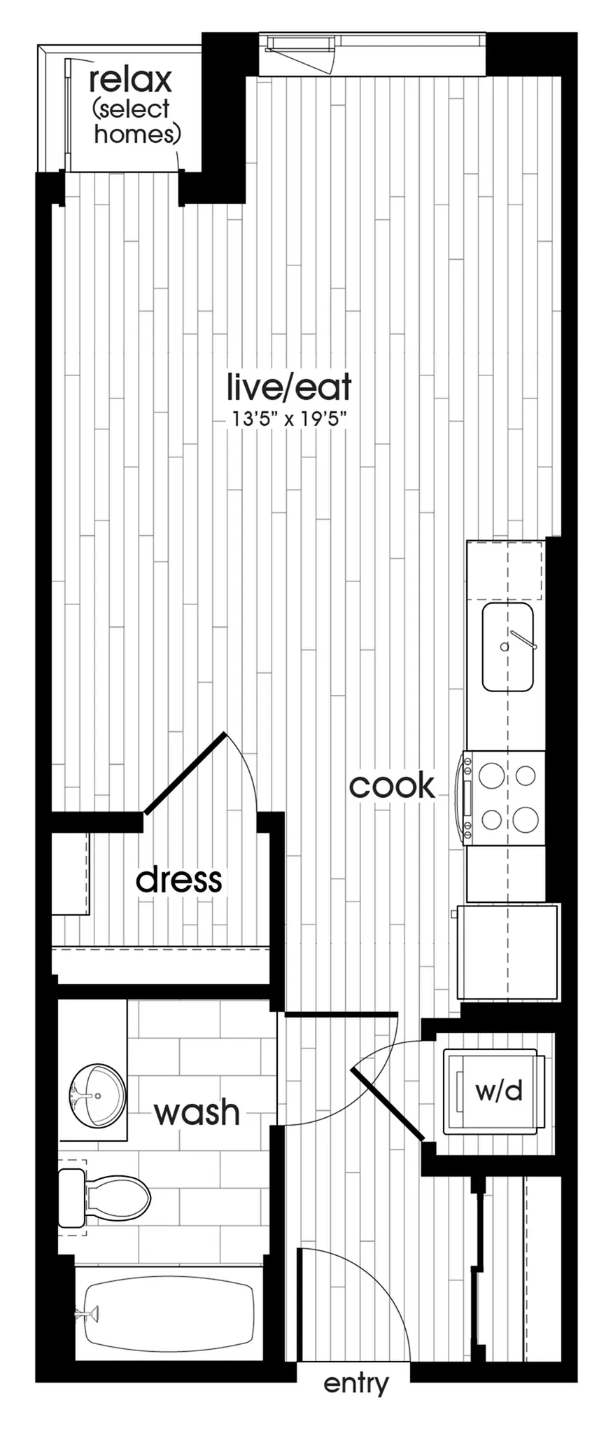Floor plan of a modern apartment with designated living and dining area, kitchen, bedroom, bathroom, and balcony labeled relax.