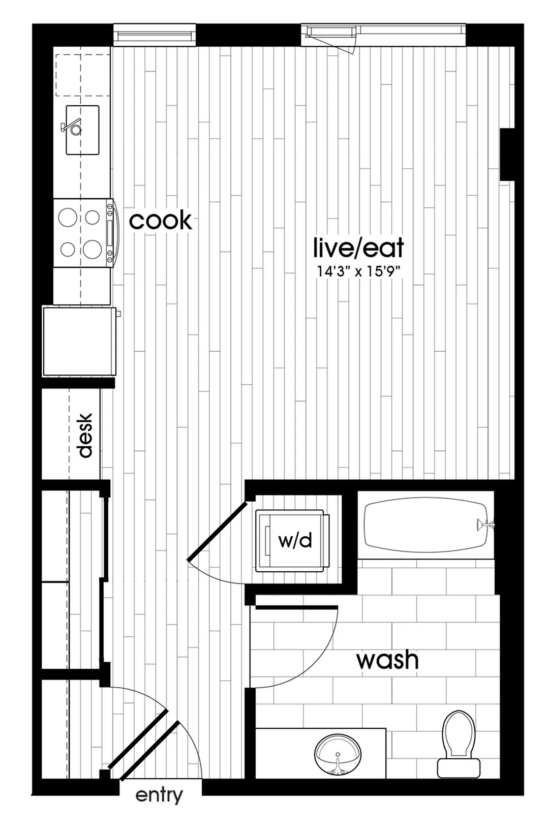 Chic studio apartment floor plan with open living, kitchen, and bathroom layout.