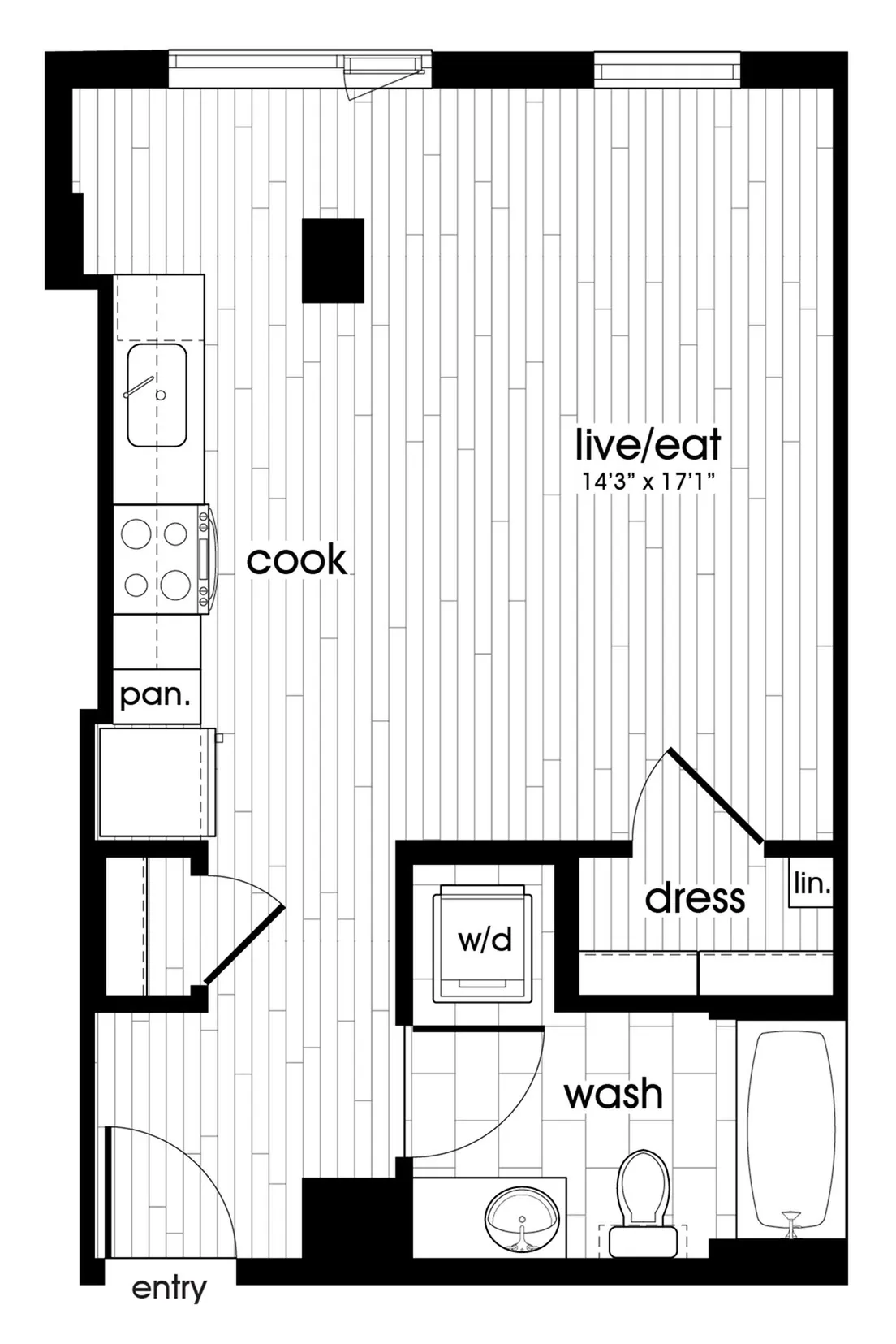 Modern studio apartment floor plan with kitchen and living area, closet, and bathroom.
