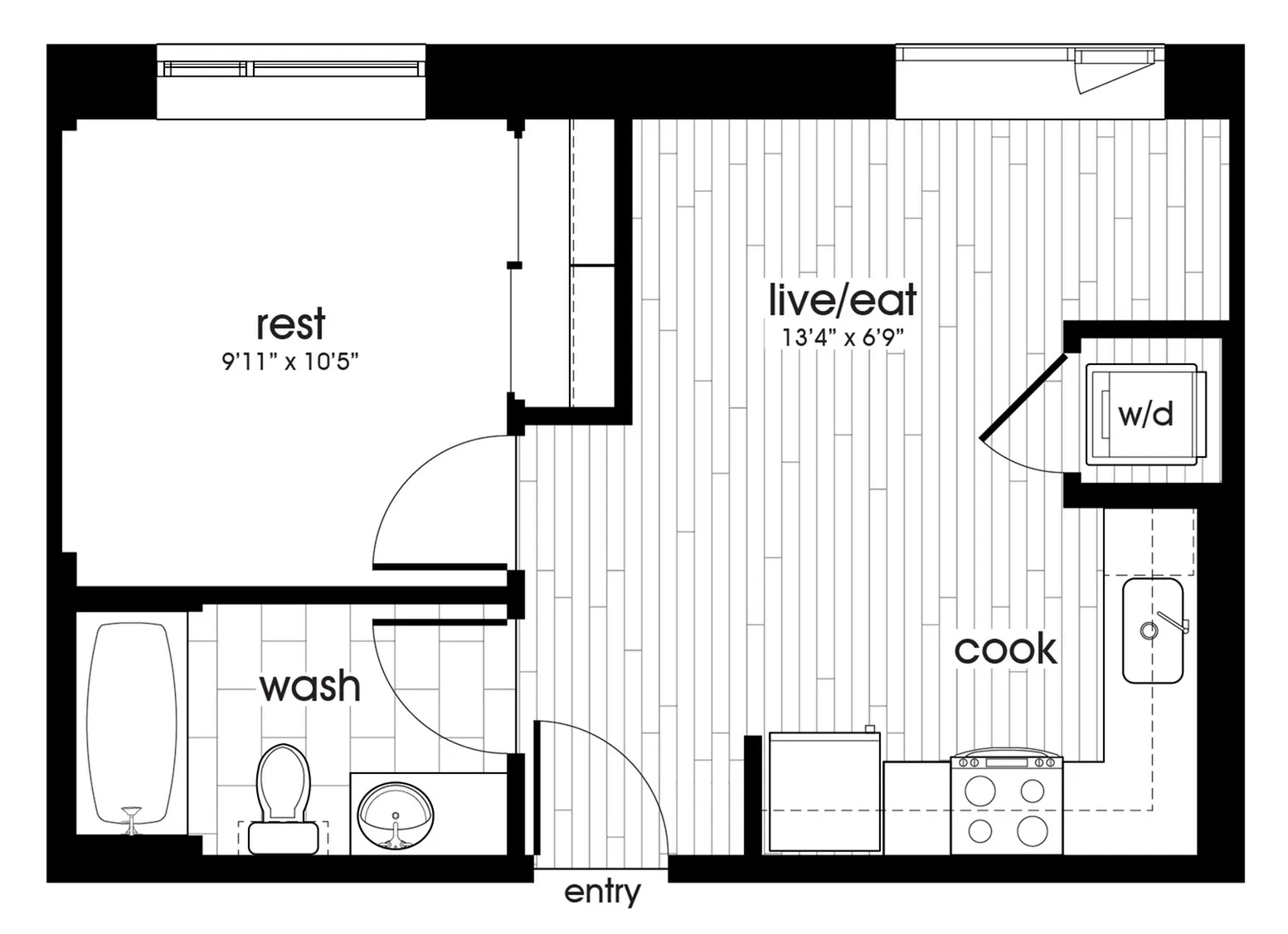 Cozy one bedroom apartment floor plan with clear living and cooking areas, including rest and wash spaces.