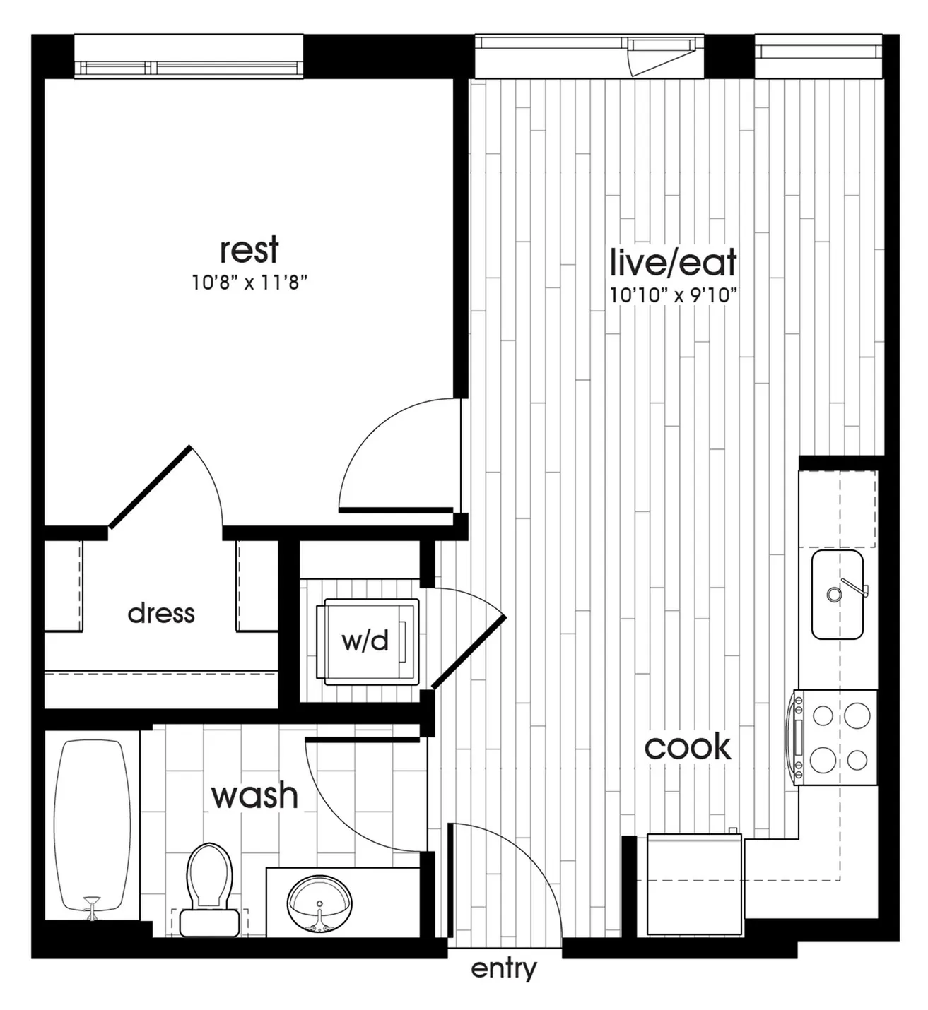 Contemporary floor plan of a one-bedroom apartment with open living and dining area.