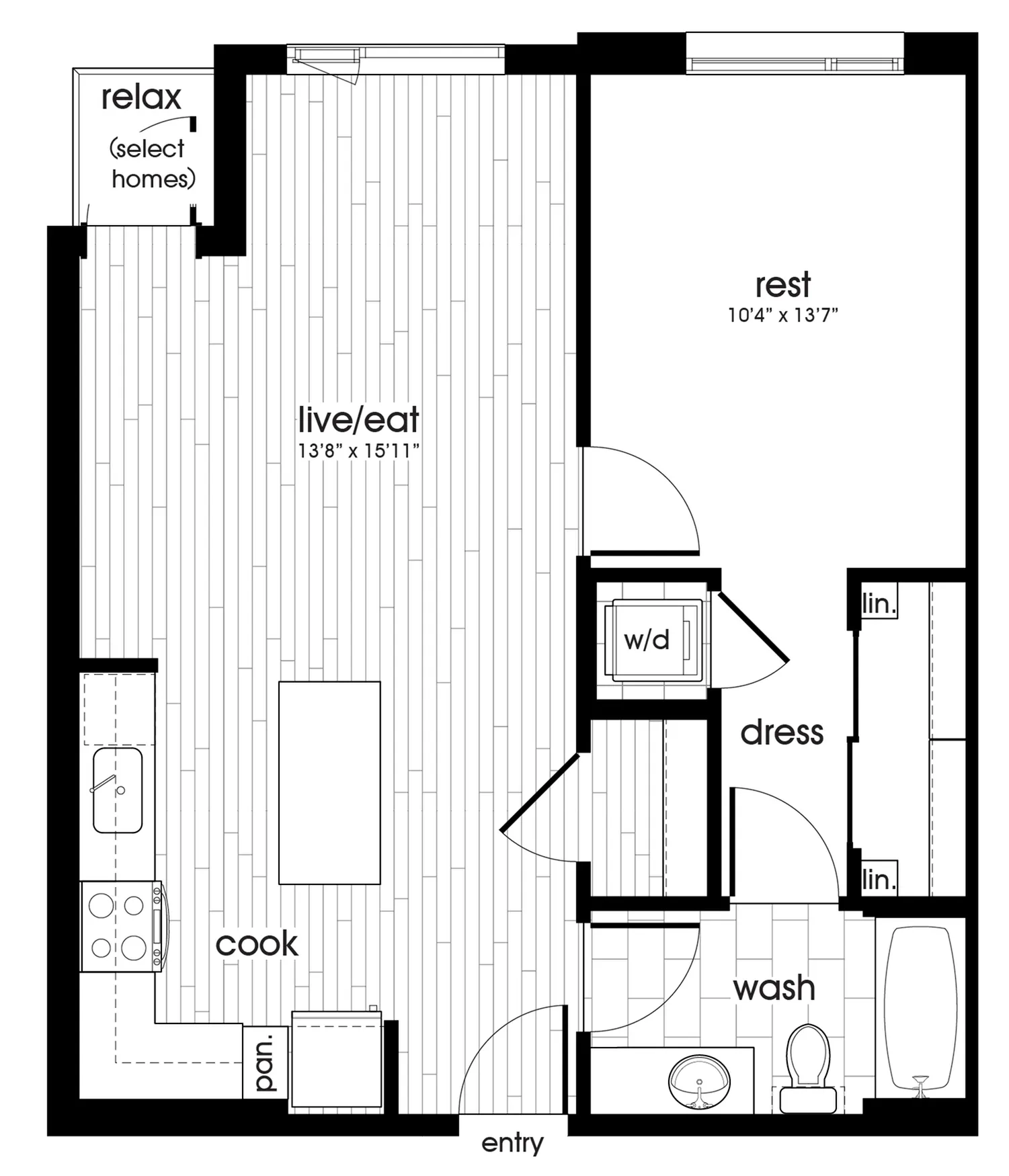 Contemporary 1-bedroom apartment floor plan with open living space, kitchen, and patio.