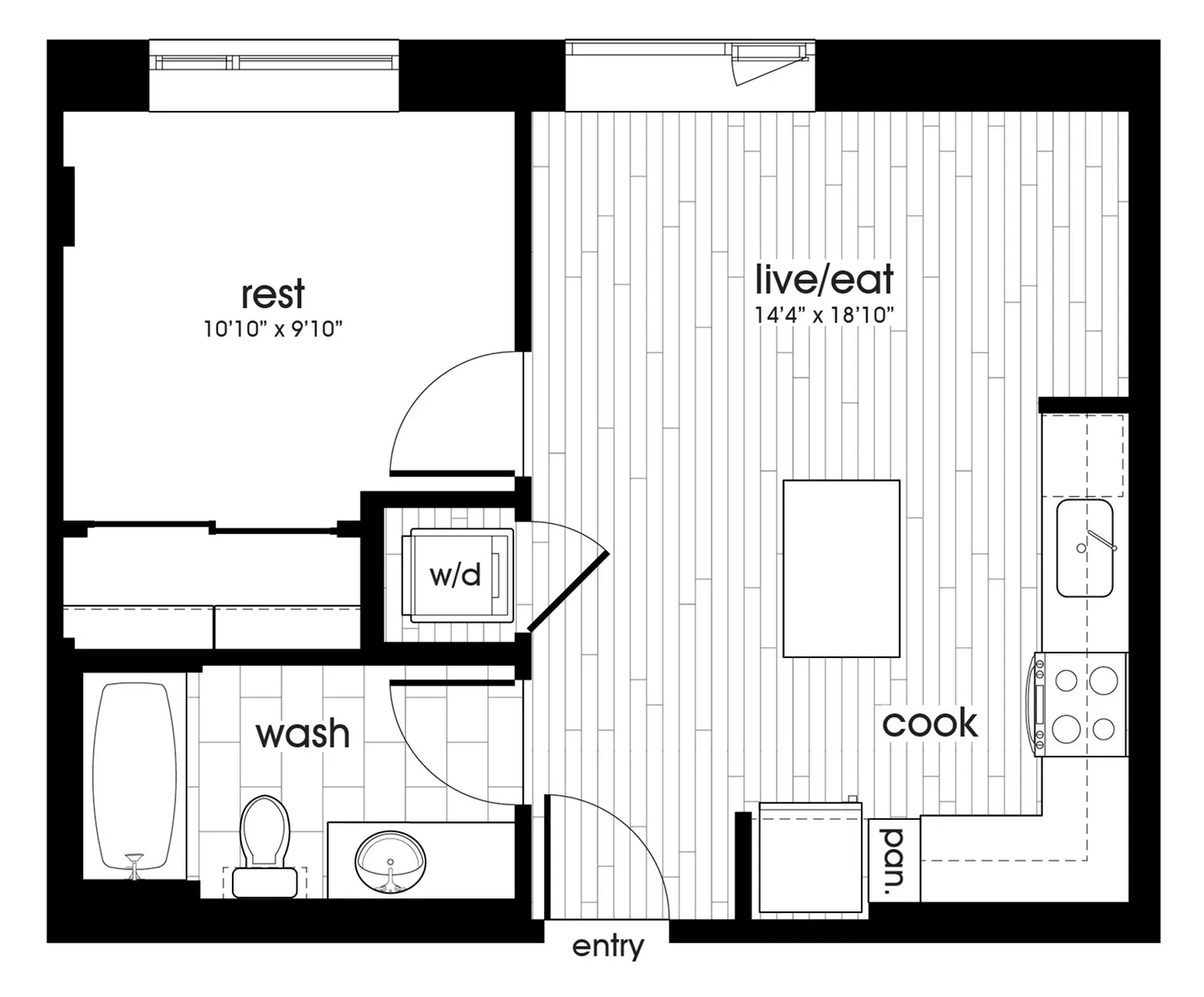 Contemporary one bedroom apartment floor plan with open living space and kitchen, showing areas to rest, cook, and wash.