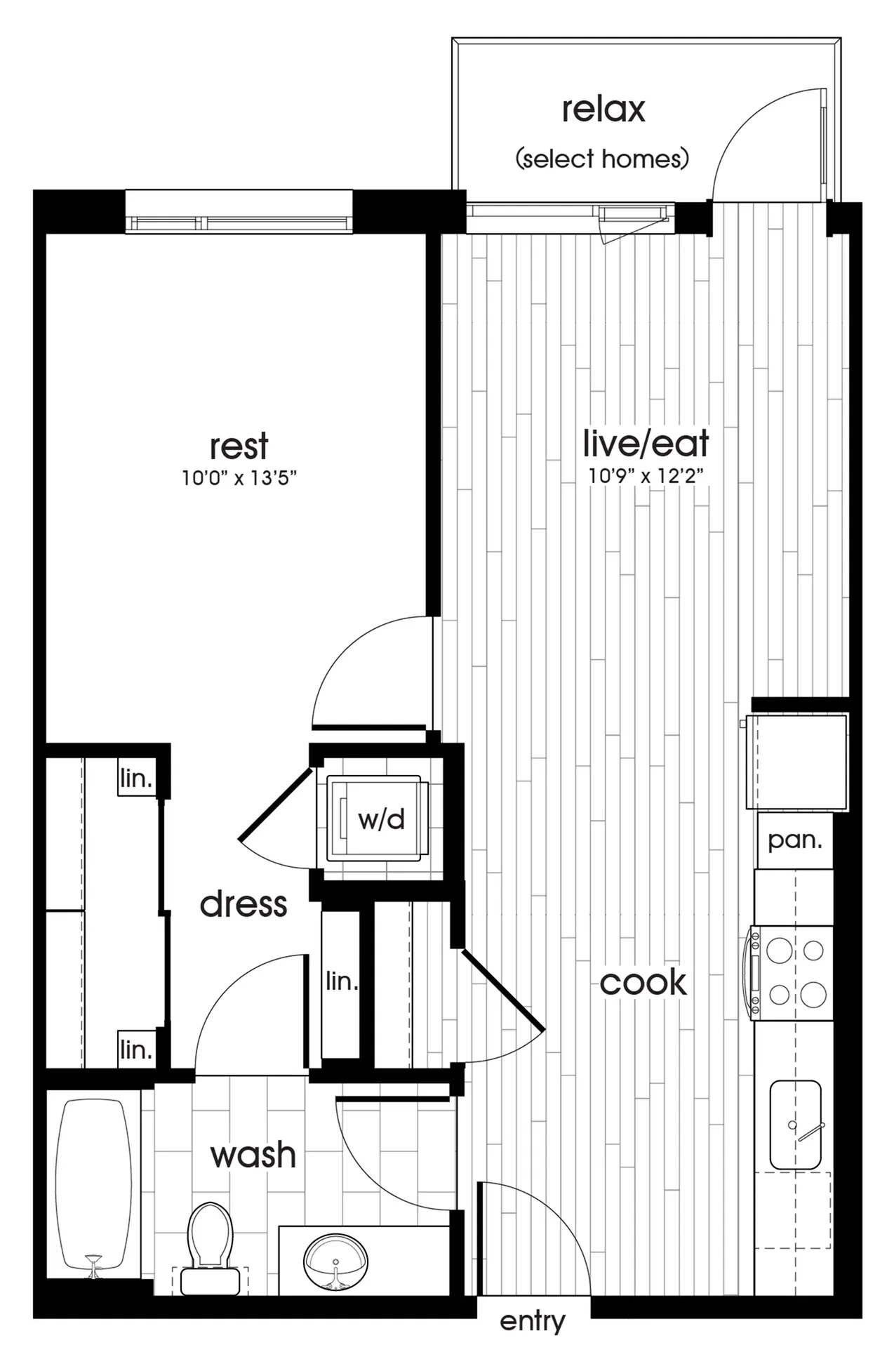Modern apartment floor plan featuring one bedroom, spacious living area, kitchen, and balcony