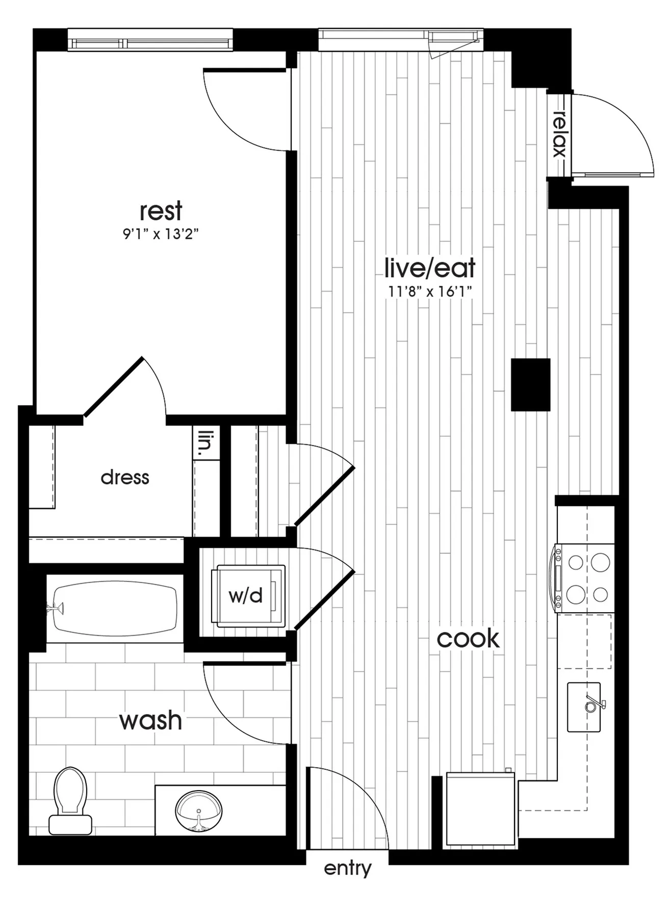 Stylish apartment floor plan featuring a spacious living/dining area, bedroom, kitchen, and bathroom.