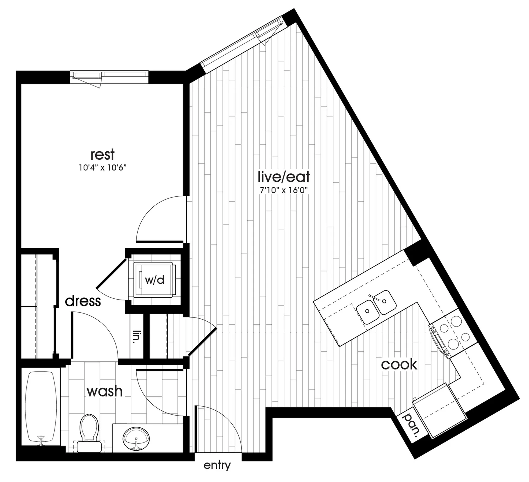 one bedroom apartment floor plan with open living area, kitchen, bedroom, bathroom, and walk-in closet.