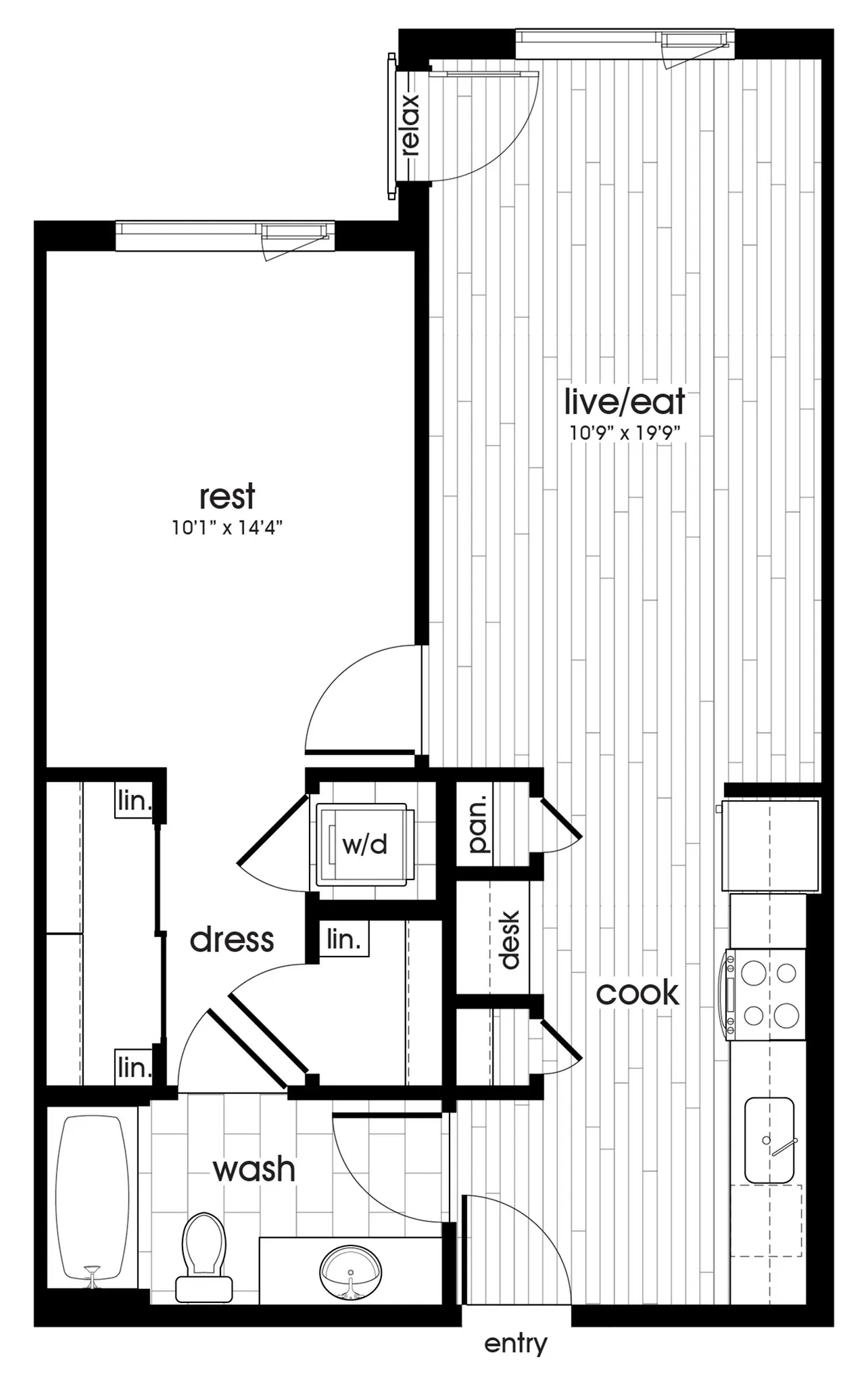 Elegant floor plan with spacious living area, cozy bedroom, and modern kitchen.
