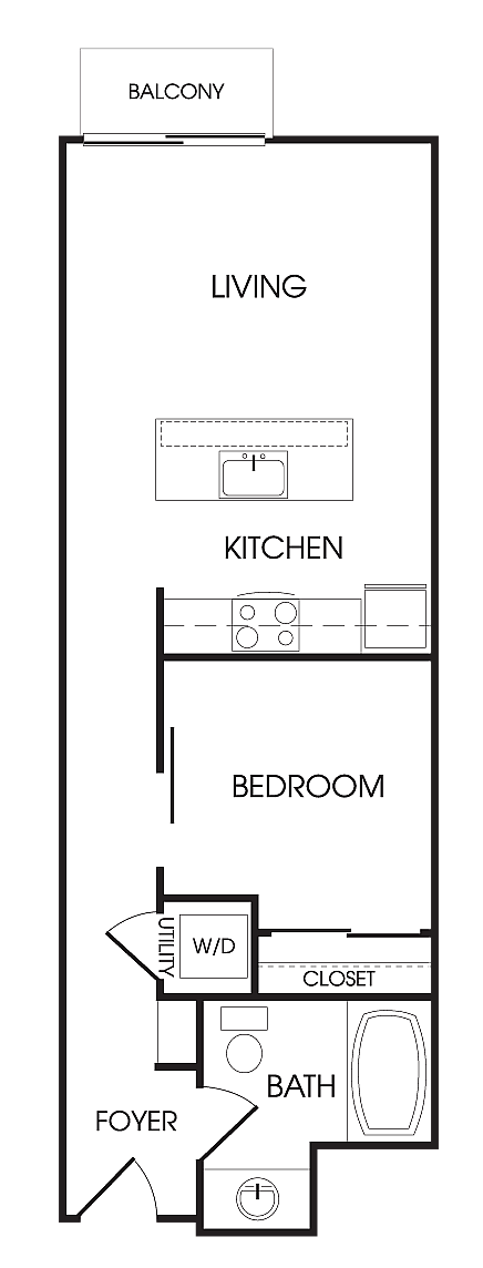 Modern floor plan showcasing a cozy 1-bedroom apartment with an open kitchen, spacious living area, and balcony.
