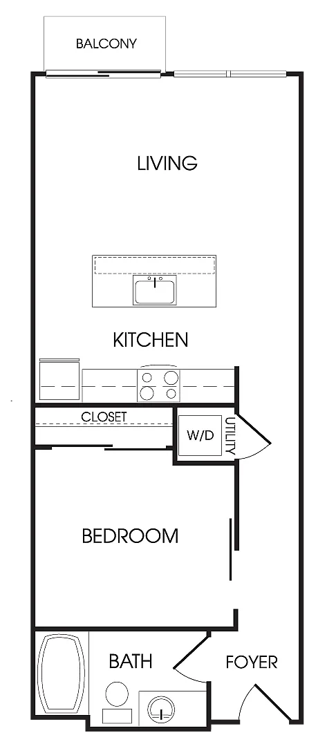Modern apartment floor plan featuring one bedroom, a spacious living area with balcony, open kitchen, and convenient bath with foyer.
